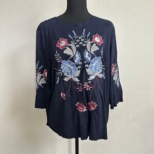 Charter Club Top Large Faux Suede Embroidered Cottagecore Bohemian Blue Casual
